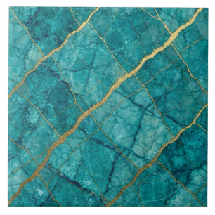 Azulejo De Cerâmica Turquesa Azul Teal e Mármore Dourado