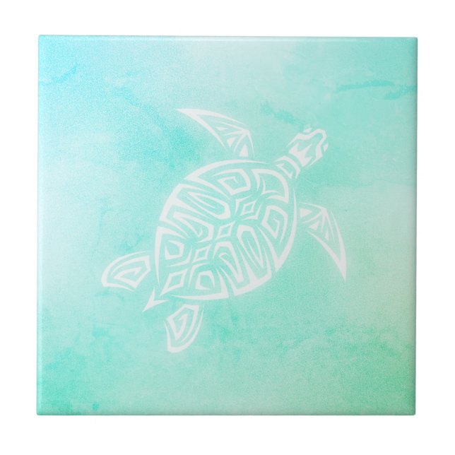 Azulejo De Cerâmica Turquesa Branca Tartaruga Costeira Aquarela Maríti (Frente)
