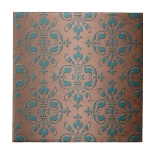 Azulejo De Cerâmica Turquesa Chique sobre Damasceno de Cobre Marrom