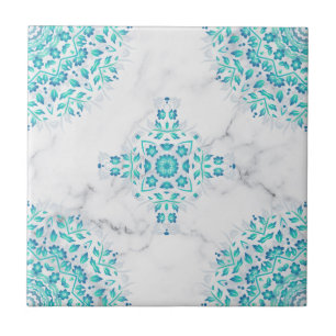 Azulejo De Cerâmica Turquesa Cinza Marble Floral Geométrico