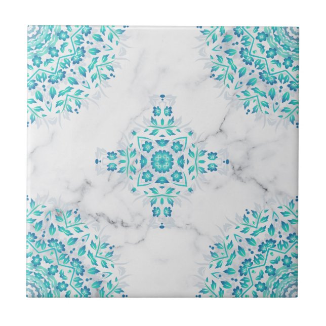 Azulejo De Cerâmica Turquesa Cinza Marble Floral Geométrico (Frente)