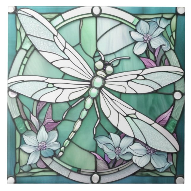 Azulejo De Cerâmica Turquesa Dragonfly Art Nouveau Deco Vidro Estampad (Frente)