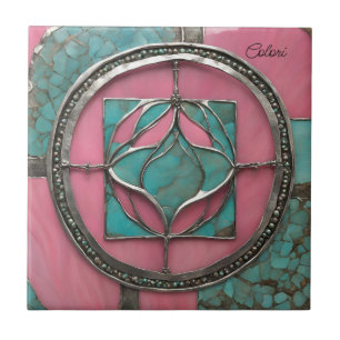 Azulejo De Cerâmica Turquesa e Arte Mosaica Rosa