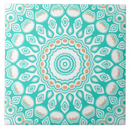 Azulejo De Cerâmica Turquesa e Bege Padrão de Mandala do Oceano