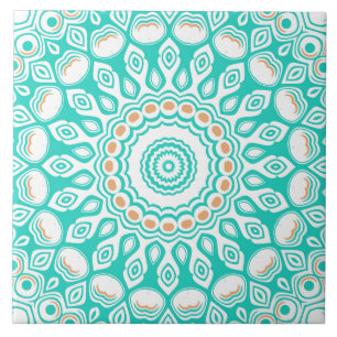 Azulejo De Cerâmica Turquesa e Bege Padrão de Mandala do Oceano