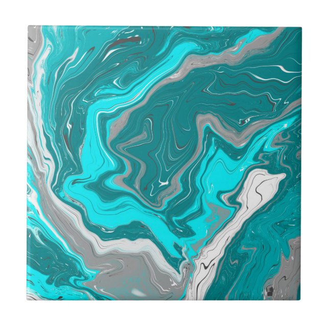 Azulejo De Cerâmica Turquesa e Teal Marble Fluid Art (Frente)
