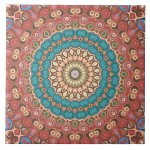 Azulejo De Cerâmica Turquesa e Terracota Padrão Geométrico de Mandala