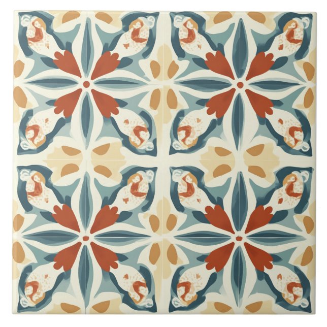 Azulejo De Cerâmica Turquesa, Ferrugem e Amarelo (Frente)