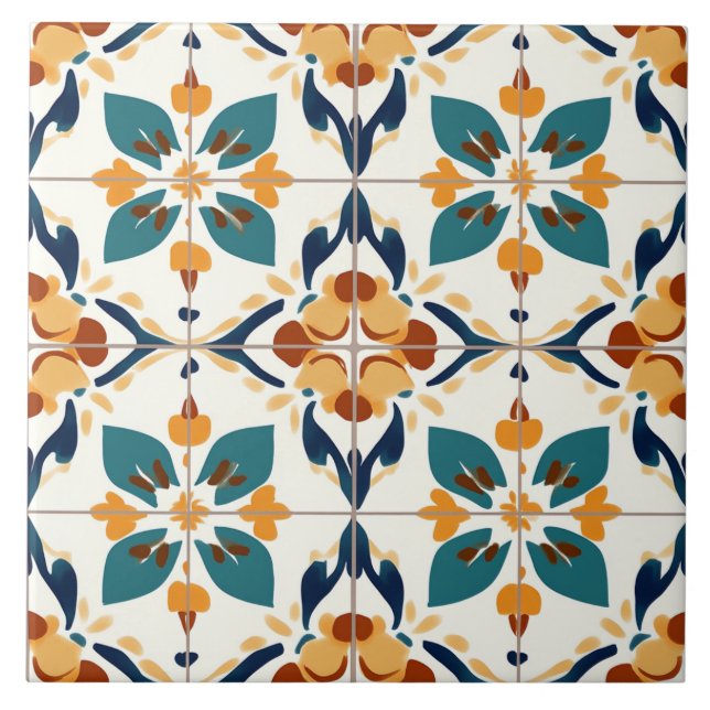 Azulejo De Cerâmica Turquesa, Ferrugem e Amarelo (Frente)