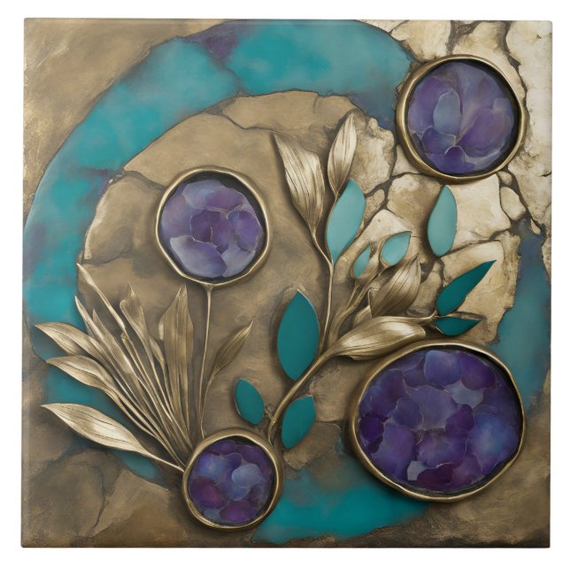 Azulejo De Cerâmica Turquesa Geométrica Floral com Dourado & Roxo  (Frente)