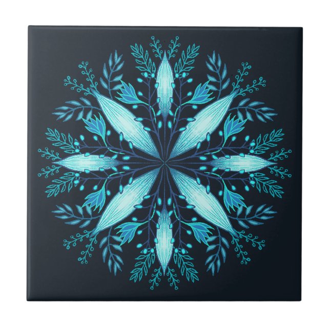 Azulejo De Cerâmica Turquesa Mandala - Flor Azul Floco de Neve de inve (Frente)