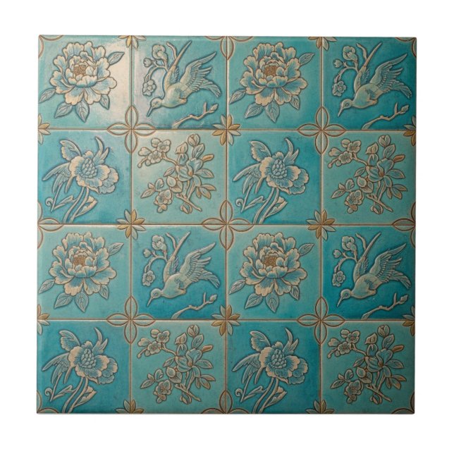 Azulejo De Cerâmica Turquoise Chinoiserie Relief Pattern Ceramic Tile (Frente)