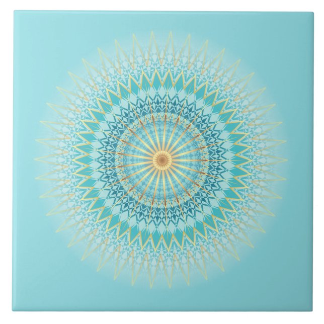Azulejo De Cerâmica Turquoise Dourada Boho Mandala (Frente)