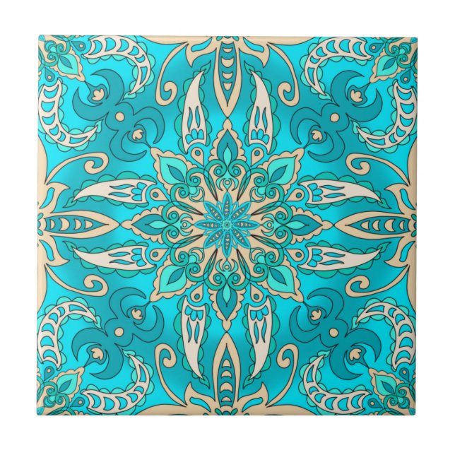 Azulejo De Cerâmica Turquoise Fractal Mandala (Frente)