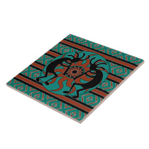 Azulejo De Cerâmica Turquoise Kokopelli Tribal Sun Sudoeste