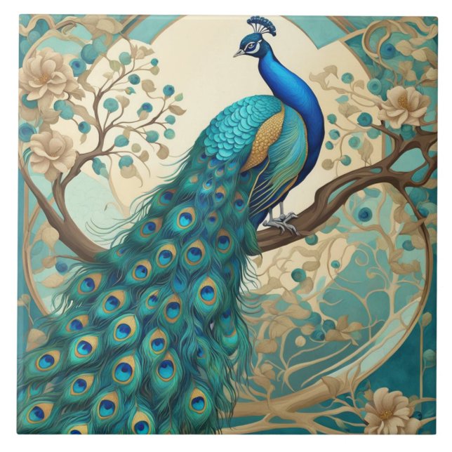 Azulejo De Cerâmica Turquoise Peacock Bird Art Nouveau Art Deco (Frente)