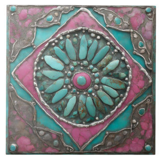 Azulejo De Cerâmica Turquoise & Pink Boho Mosaic Mandala Artwork