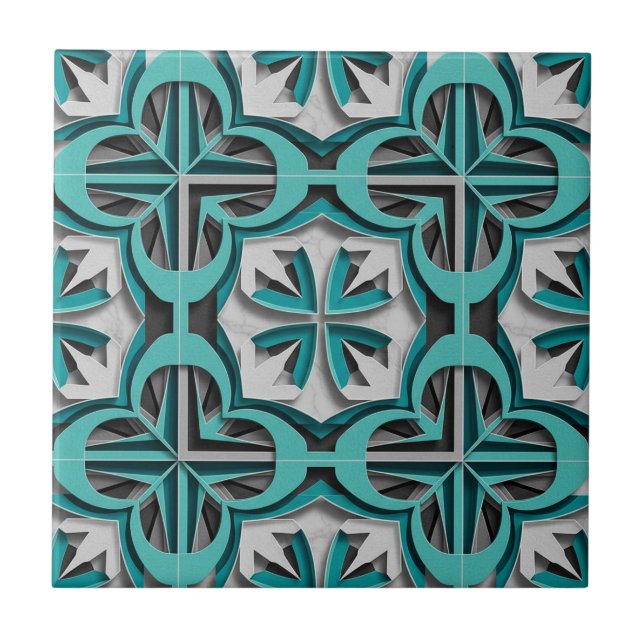 Azulejo De Cerâmica Turquoise Silver 3D Layered Paper Cut Art (Frente)