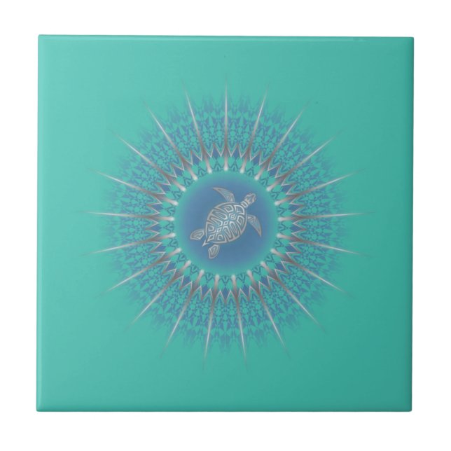 Azulejo De Cerâmica Turquoise Silver Turtle Mandala (Frente)