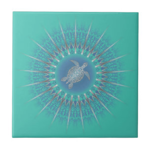 Azulejo De Cerâmica Turquoise Silver Turtle Mandala