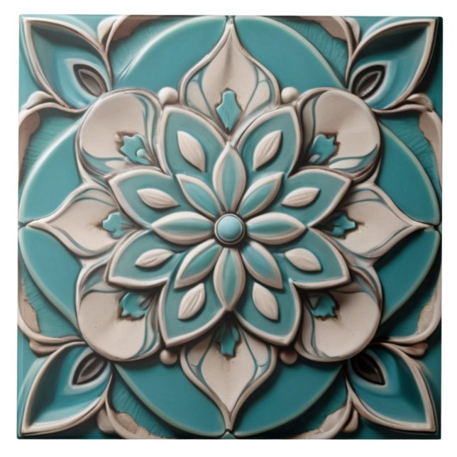 Azulejo De Cerâmica Turquoise Teal Faux Alivio Flor Azul Aqua Azul (Frente)