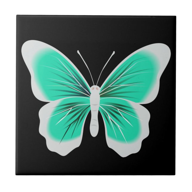 Azulejo De Cerâmica Turquoise white butterfly black background (Frente)