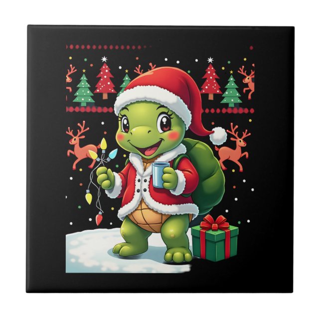 Azulejo De Cerâmica Turtle Xmas Lights Ugly Santa Turtle Christmas Tan (Frente)