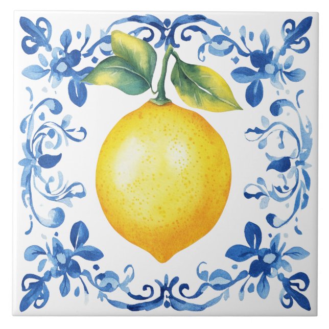 Azulejo De Cerâmica Tuscan Rustic Mediterranean Blue Lemon (Frente)