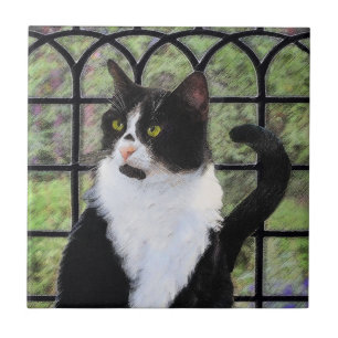 Azulejo De Cerâmica Tuxedo Cat em Pintura de Janela Arte Animal Origin