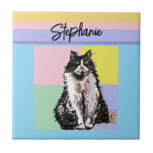 Azulejo De Cerâmica Tuxedo Cat Pastel Cores Rosa Meninas Rosa Nome