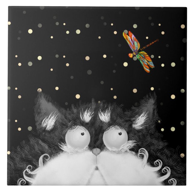 Azulejo De Cerâmica Tuxedo Cat Surpreendido por Dragonfly (Frente)