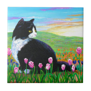 Azulejo De Cerâmica Tuxedo Cat Tulips Criationarts
