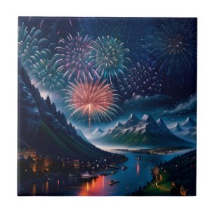 Azulejo De Cerâmica Twilight Mountain com fogos de artifício