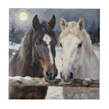 Two Horses on a Snowy Farm Under the Moon