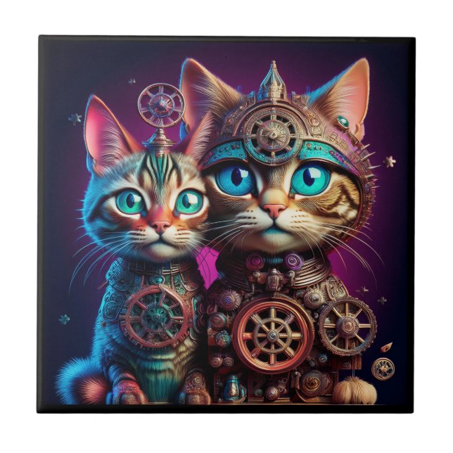 Azulejo De Cerâmica Two Steampunk Kittens Pose (Frente)