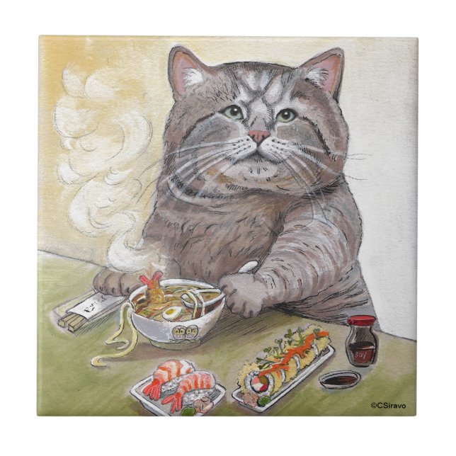 Azulejo De Cerâmica Udon do Tempura do gato do sushi (Frente)