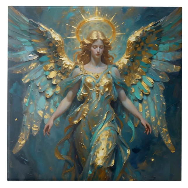 Azulejo De Cerâmica Um belo anjo de ouro e turquesa (Frente)