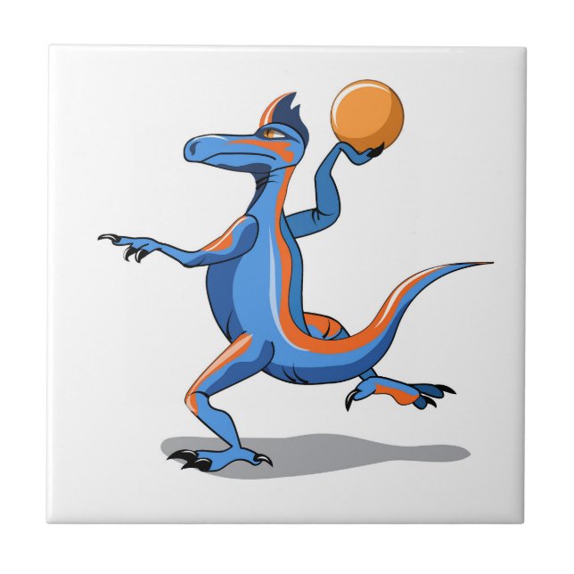 Azulejo De Cerâmica Um Cartoon Iguanodon Jogando Basquete. (Frente)