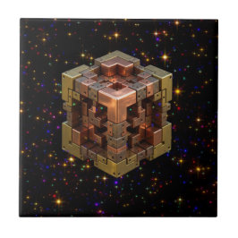 Azulejo De Cerâmica Um Cubo Fractal Metálico Com Explosões de Estrelas