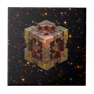 Azulejo De Cerâmica Um Cubo Fractal Metálico Com Explosões de Estrelas