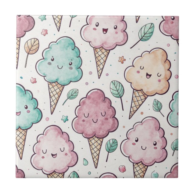 Azulejo De Cerâmica Um doce doce doce de algodão Kawaii, um padrão sem (Frente)