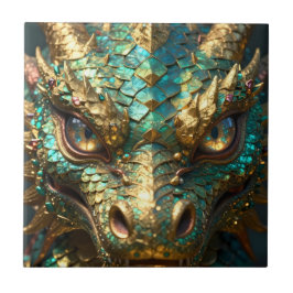 Azulejo De Cerâmica Um Dragão Místico Turquesa e Dourado