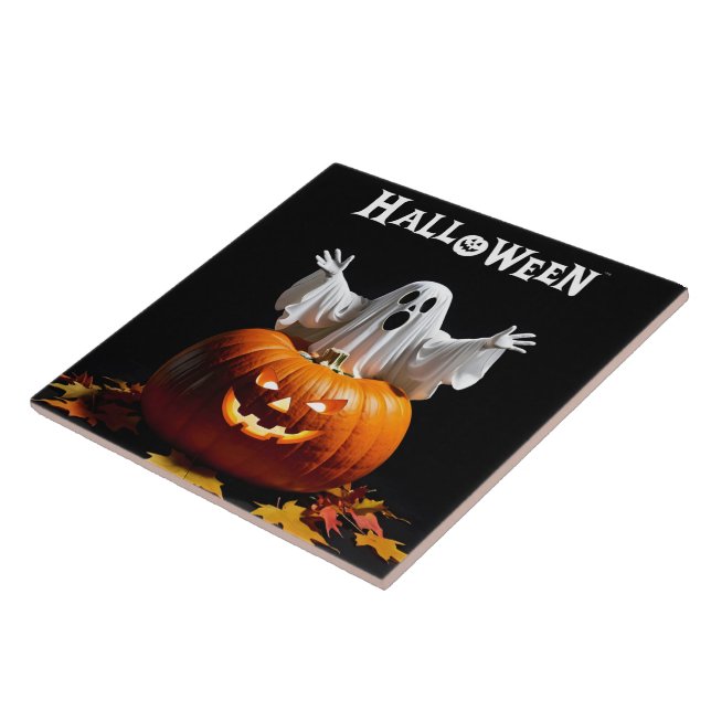 Azulejo De Cerâmica Um fantasma lúdico emerge de uma abóbora esculpida (Lateral)