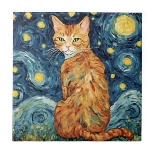 Azulejo De Cerâmica Um Gato Ginger Tabby na Noite Estrelada