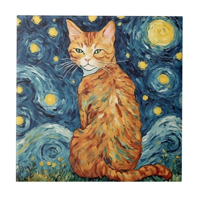 Azulejo De Cerâmica Um Gato Ginger Tabby na Noite Estrelada (Frente)