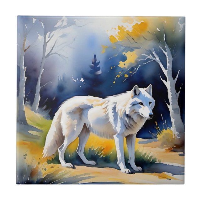 Azulejo De Cerâmica Um lobo numa pintura de aquarela florestal (Frente)