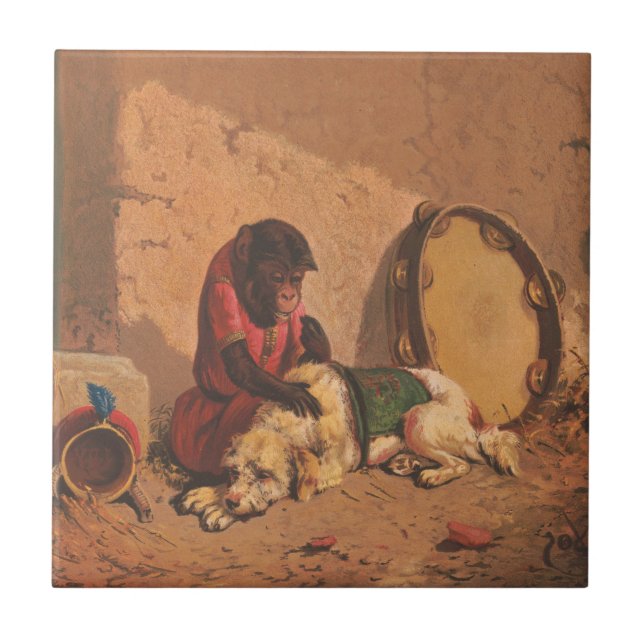 Azulejo De Cerâmica Um Macaco E Um Cachorro Com Um Grande Tambourino (Frente)