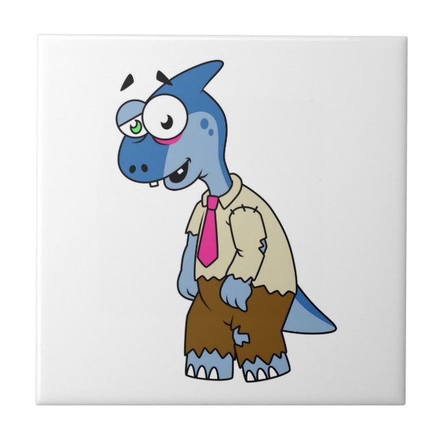 Azulejo De Cerâmica Um Parasaurolofo De Cartoon Vestiu Como Zombie. (Frente)