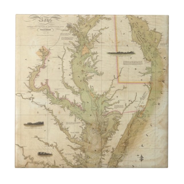 Azulejo De Cerâmica Uma carta do Chesapeake e das baías de Delaware (Frente)