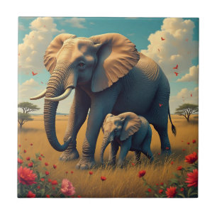 Azulejo De Cerâmica Uma doce mãe sentimental e elefante bebê